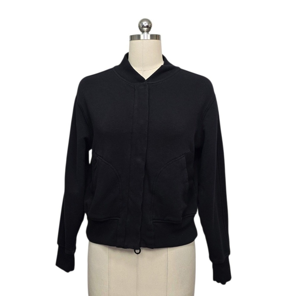Athleta Women Black Sweatshirt Bomber Jacket Fleece Snap Front Size XS